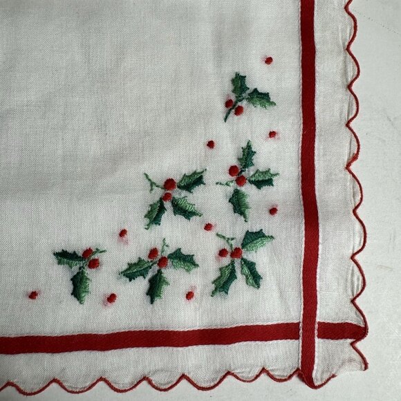 Embroidered handkerchief hankie 11-3/4 in. by 11-3/4 in. Red and white Christmas - Picture 9 of 11